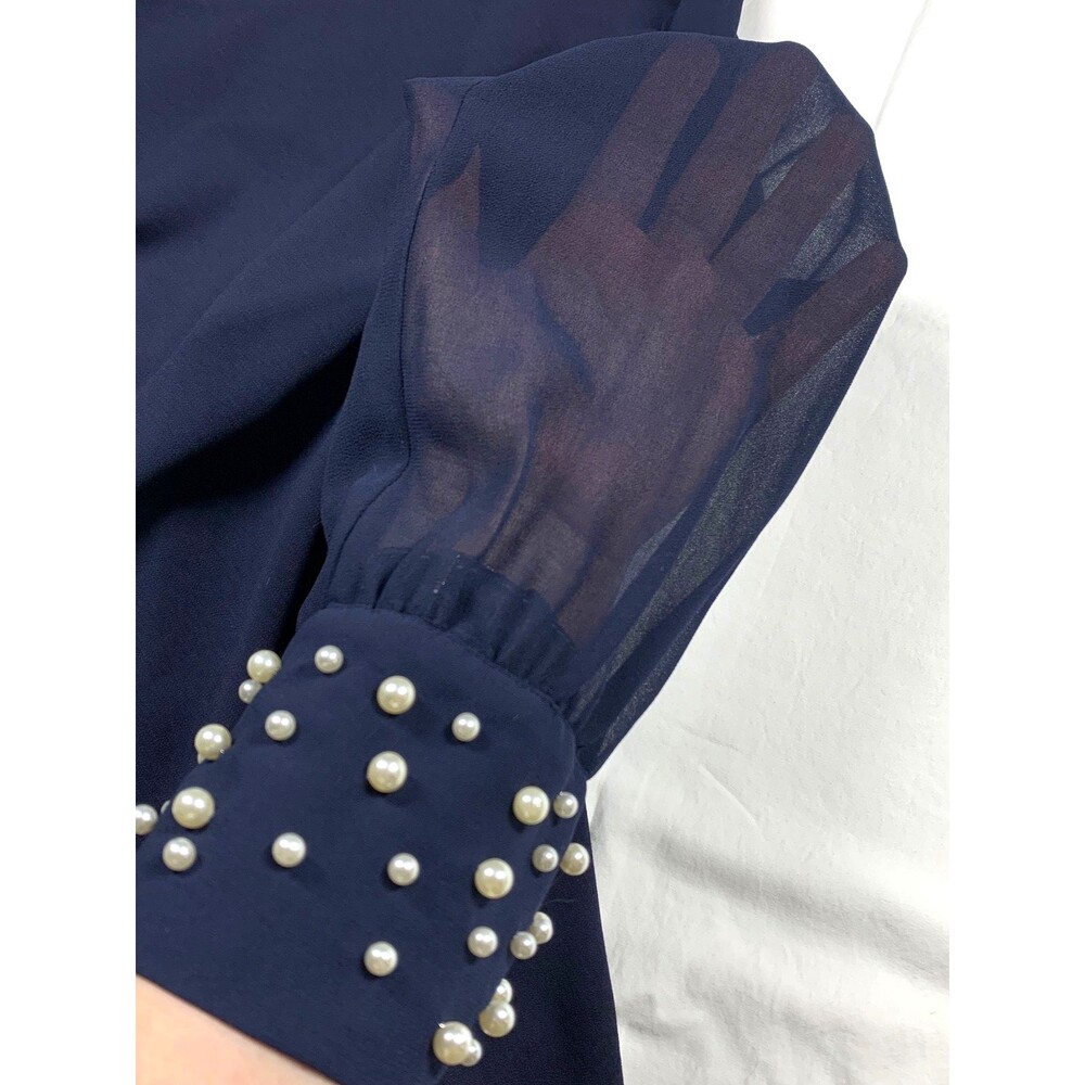 Karl Lagerfeld Paris Scuba Crepe Sheath Dress 14 Navy Pearl Cuff Chiffon Sleeve - Picture 11 of 12